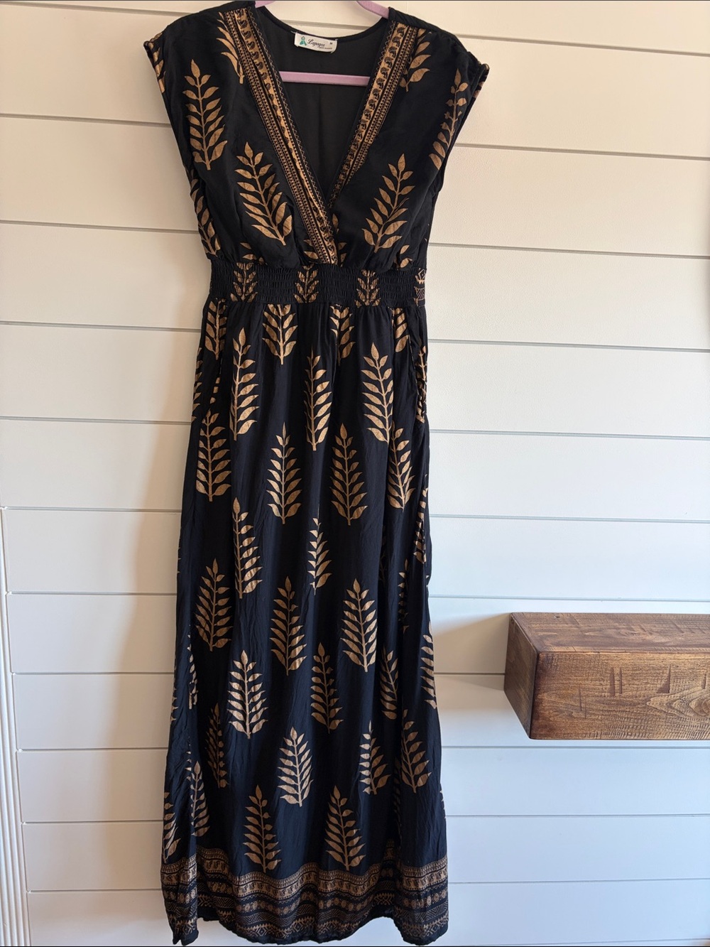 Lapogee Black Maxi Dress with Gold Leaf Print and Smocked Waist